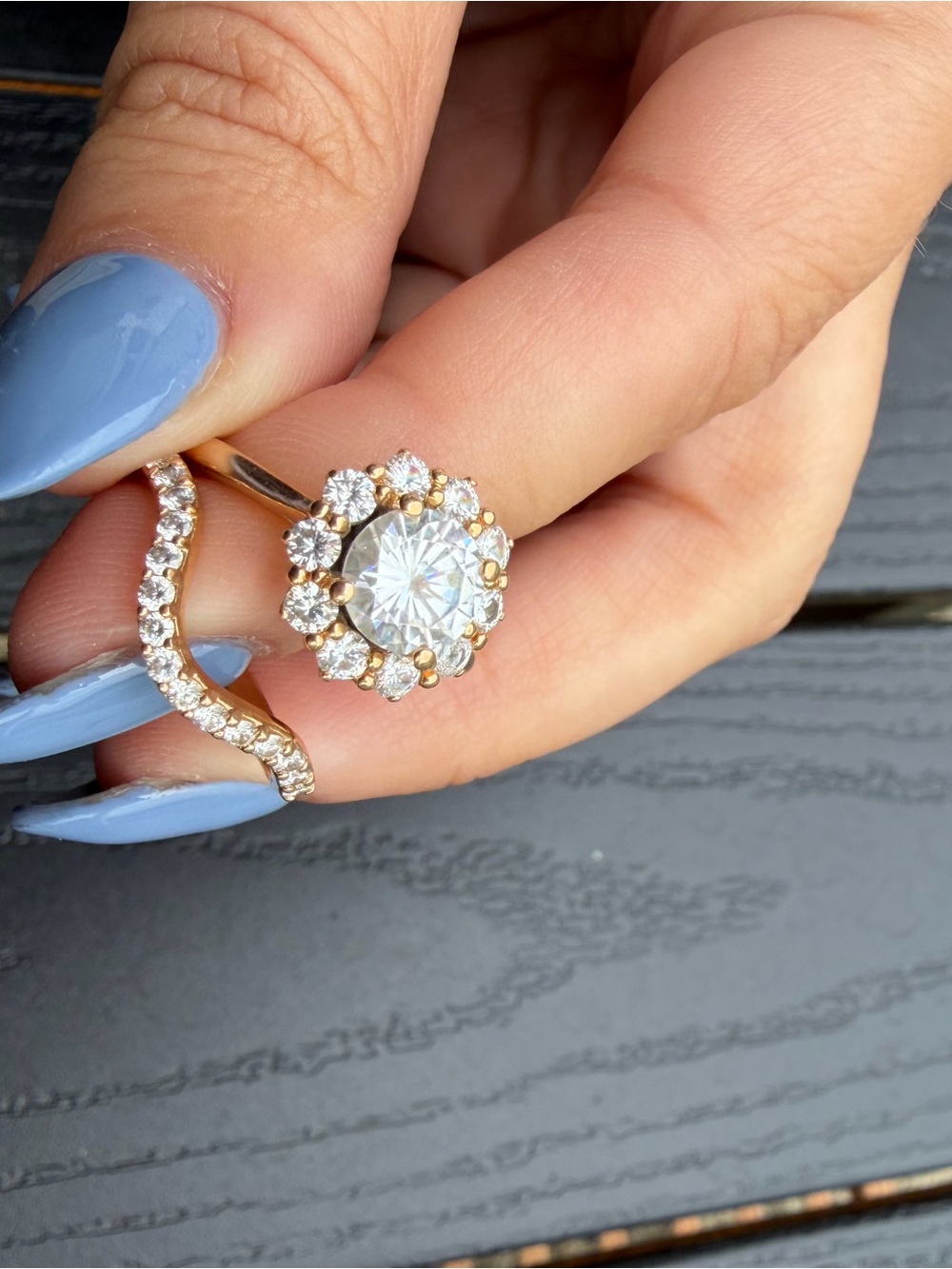 Gold Halo Flower Cluster Ring with Clear Stones and matching band